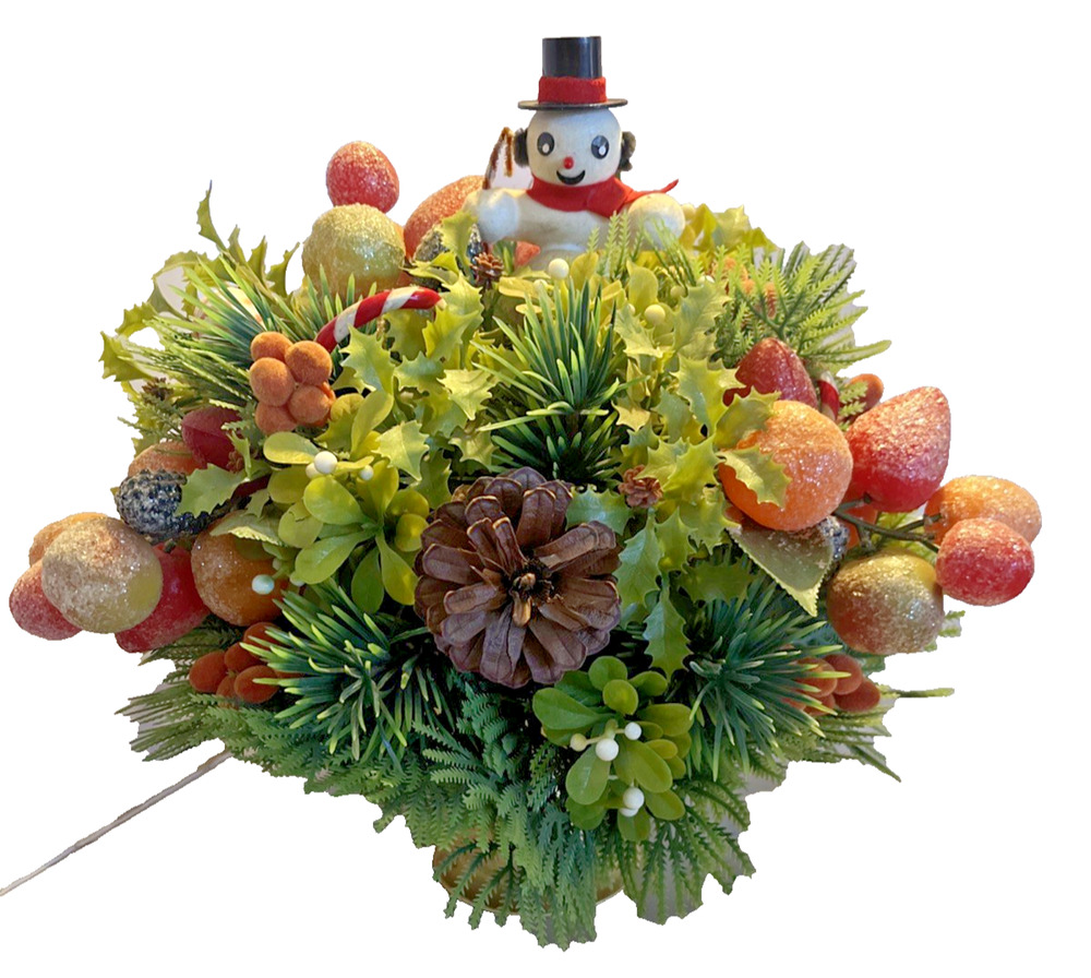 Vintage Christmas Centerpiece Retro Snowman Plastic Fruit & Foliage Holiday Deco